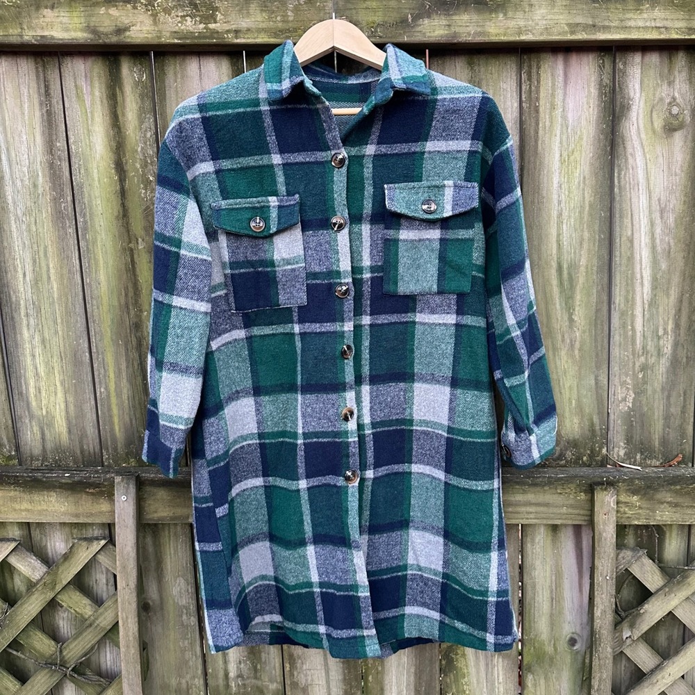 SHEIN Plaid Longline Shacket Shirt Jacket Y2K Grunge Green Navy Gray Size Small - Picture 10 of 10